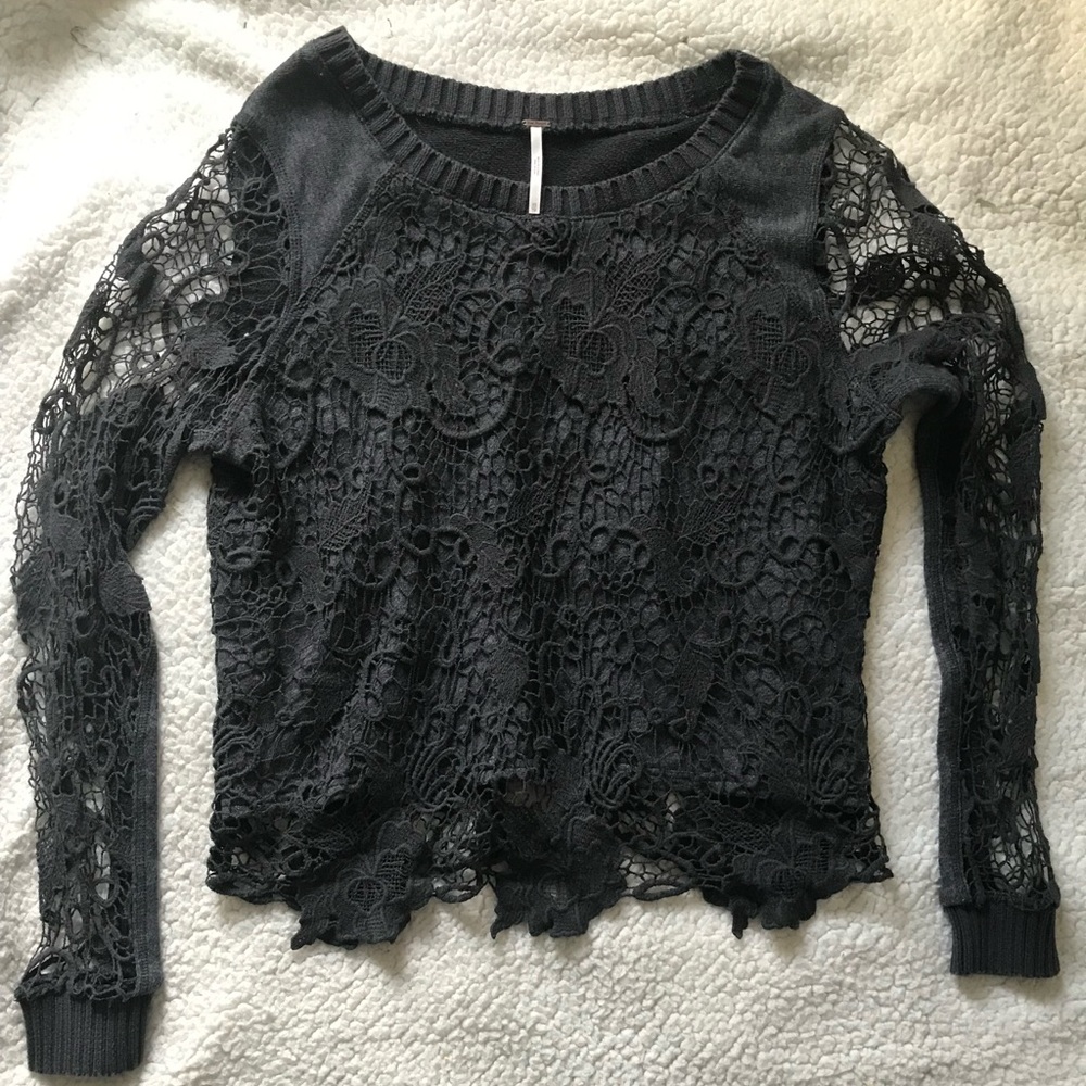 Free People Grey Crochet Lace Pretty Rad Split Open Back Sweater Extra Small